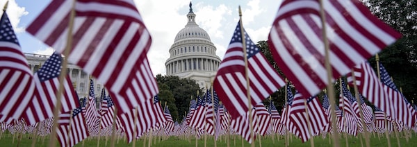 Des drapeaux américains sont placés devant le Capitole des États-Unis.