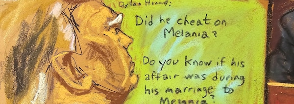 Donald Trump, qu'on voit devant un écran où on peut lire les phrases: «A-t-il trompé Melania? Savez-vous si cette aventure est arrivée après son mariage avec Melania?».
