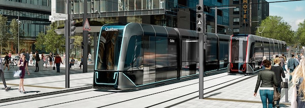 Animation de deux tramway circulant au centre-ville de Québec. 
