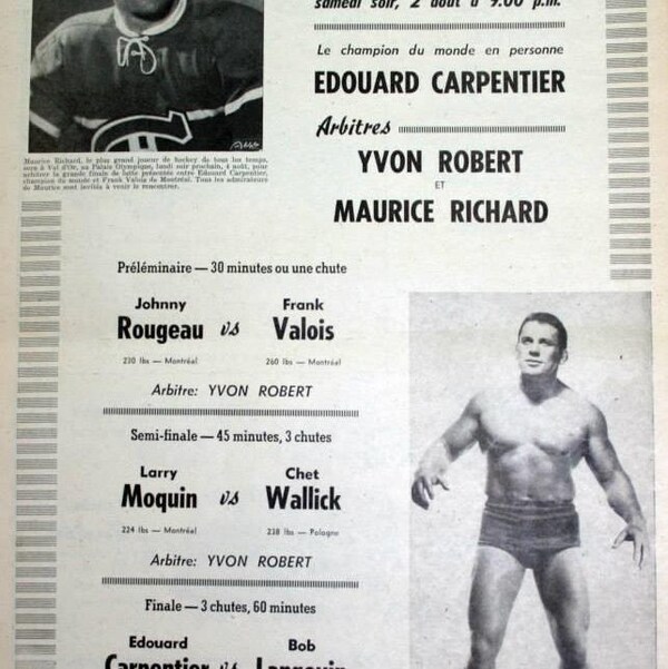 Affiche pour annoncer un combat de lutte arbitré par Maurice Richard Yvon Robert