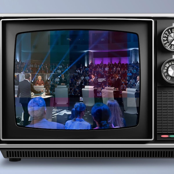 Image des 6 chefs de parti dans l'écran d'un téléviseur