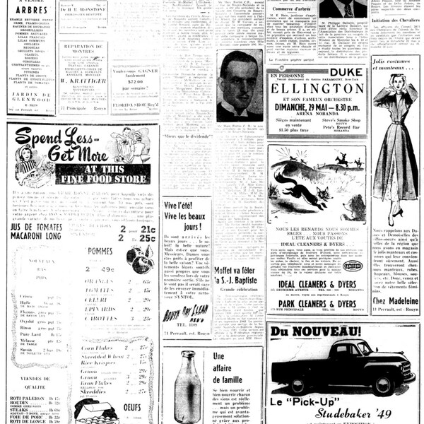 Publicité annonçant la venue de Duke Ellington à Noranda dans le journal « La Frontière » du 19 mai 1949