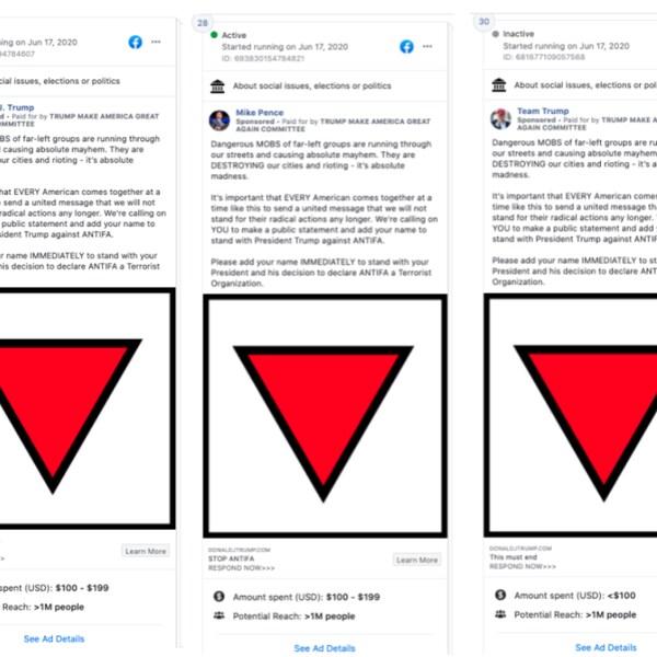 Impressions d'écran des publicités montrant des triangles rouges inversés sur les pages Facebook de Donald Trump, Mike Pence et de l'équipe de campagne de réélection du président. 