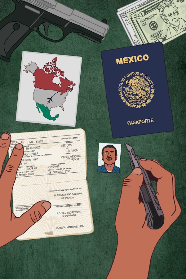 On aperçoit sur une table un passeport auquel un individu ajoute une photo. Une carte de l'Amérique apparait aussi, ainsi qu'un révolver.