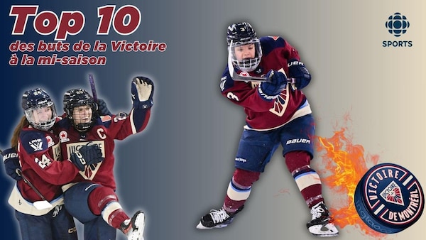  Cayla Barnes effectue un lancer, Abby Boreen et Marie-Philip Poulin célèbrent un but.