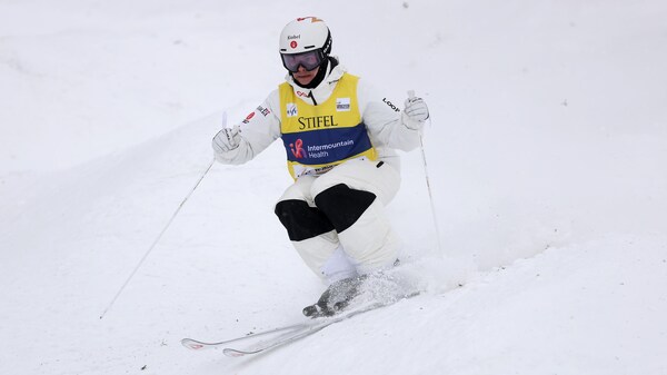Un skieur de bosses dévale une pente.