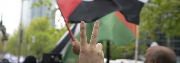 Une personne fait le signe de la paix devant un drapeau plestinien.
