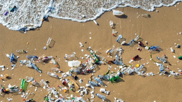 Des déchets de plastique étendus sur le bord d'une plage.