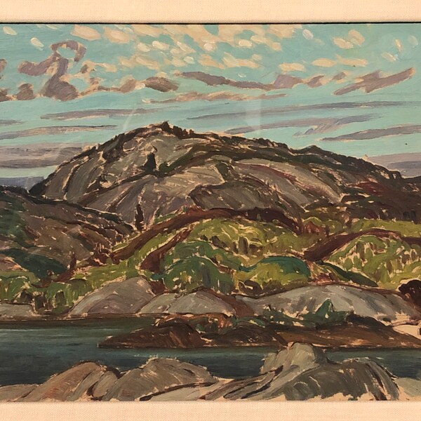 Un aperçu d'un tableau sans titre de l'artiste qui démontre les montagnes La Cloche.