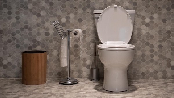Une toilette aux côtés de laquelle se trouve une poubelle et du papier de toilette.