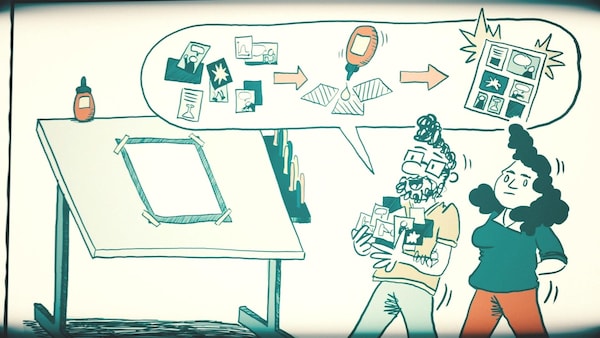 Illustration d'un homme et d'une femme qui s'apprêtent à travailler sur une bande dessinée. 