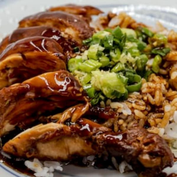 Une assiette avec un morceau de poulet et du riz. 