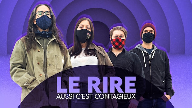 Les quatre comédiens du spectacle regardant la caméra et portant un couvre-visage.