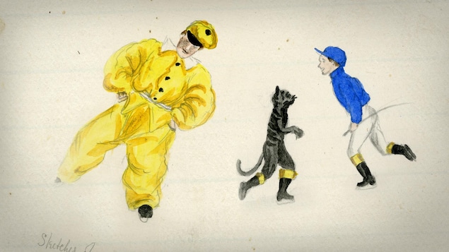 Des patineurs en costume s'élancent sur la glace. On voit un personnage de pierrot dans un scintillant costume jaune, un chat de la taille d'un enfant et un cavalier au costume de jockey bleu.