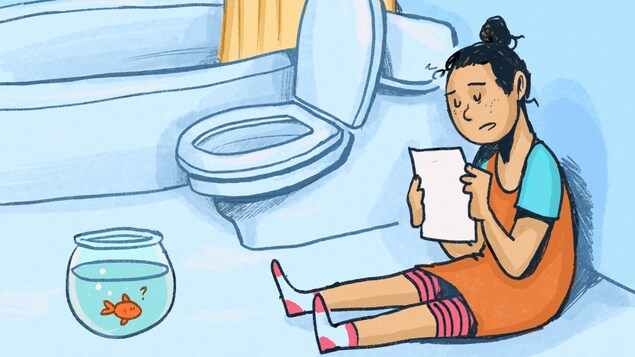 Dessin d'une fillette assise dans une salle de bain qui lit. Un poisson rouge dans un bocal est posé devant elle.