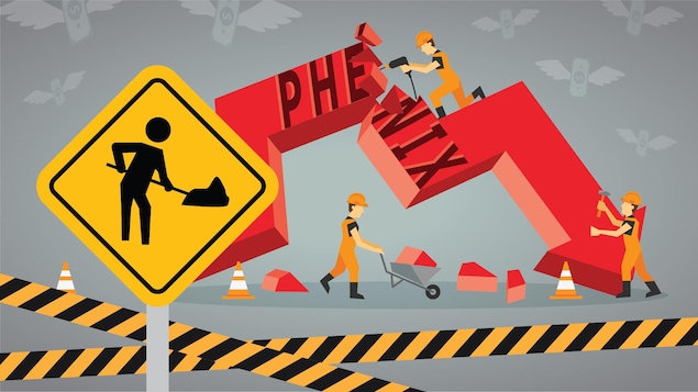 Illustration montrant des travailleurs de la construction en train de réparer une flèche cassée sur laquelle est écrit Phénix. 