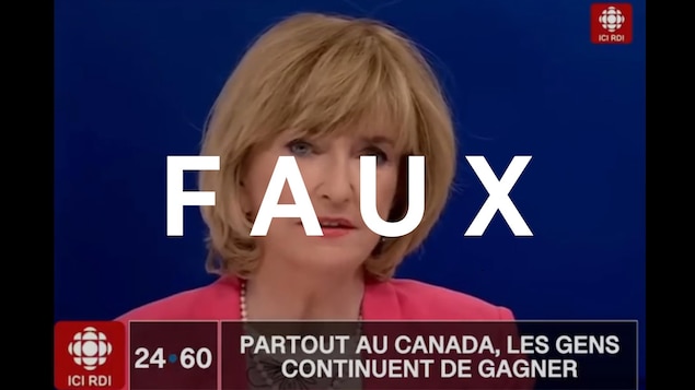 Capture d'écran d'un faux segment de 24|60 avec l'animatrice Anne-Marie Dussault qui fait la promotion d'une application de jeu de hasard. Le mot FAUX est superposé sur l'image.