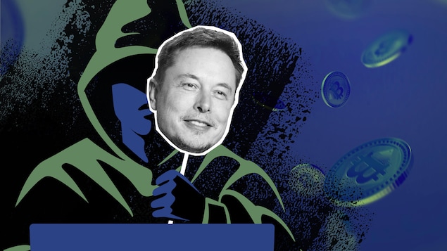 Un pirate informatique se couvre le visage avec une image d'Elon Musk.