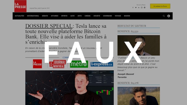 Un faux article de La Presse rapportant que Tesla a lancé une nouvelle plateforme d'échange de cryptomonnaie. Le mot FAUX est superposé à l'image.