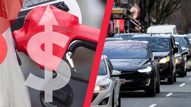 Montage photo d'une pompe à essence avec un signe de dollar en inflation et des voitures bloquées dans des embouteillages.