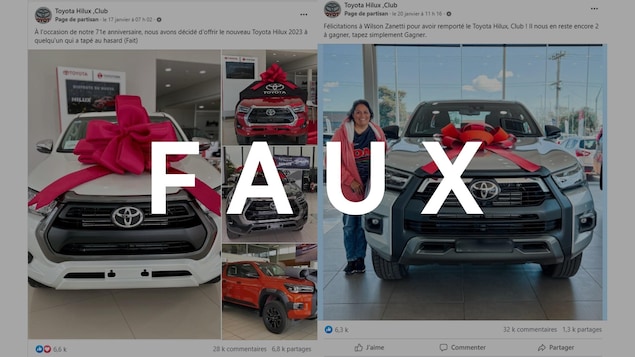 Captures d'écran de deux faux concours Toyota publiés sur Facebook.