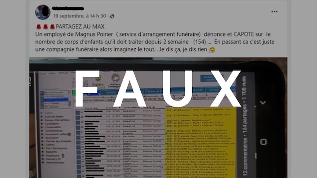 Une publication Facebook qui affirme qu'un employé de Magnus Poirier « capote sur le nombre d'enfants qu'il doit traiter depuis deux semaines ». Le mot FAUX est superposé sur l'image.