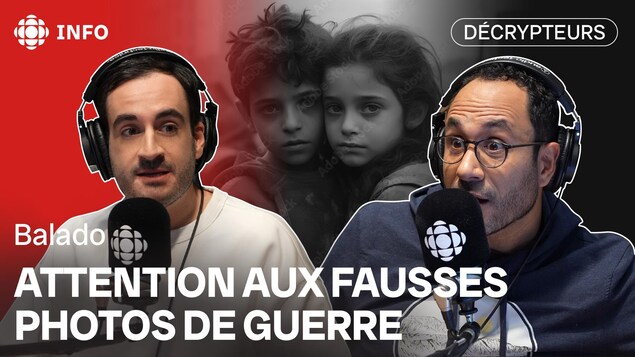 Nicholas de Rosa et Alexis De Lancer discutent au balado des Décrypteurs des fausses photos générées par IA du conflit au Proche-Orient. Alexis est très surpris. 