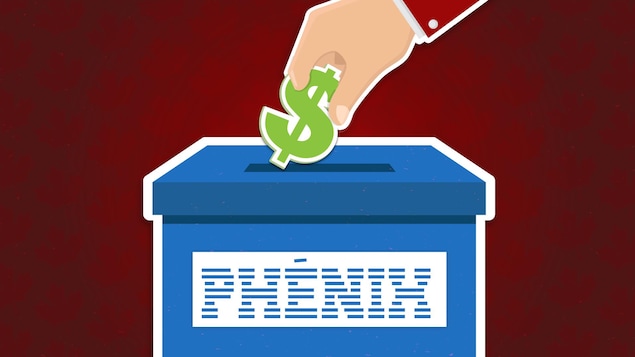 Illustration montrant une main déposant un signe de dollar dans une boîte sur laquelle est écrit « Phénix ». 