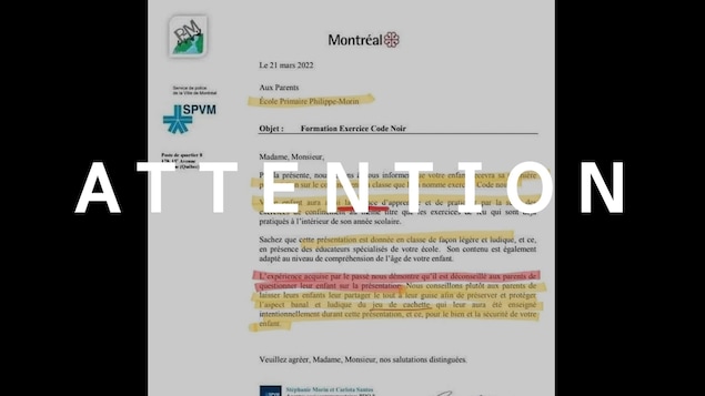 Une photo d'une lettre au sujet de la « formation exercice code noir » envoyée aux parents de l'école primaire Philippe-Morin. Le mot attention est superposé sur l'image.