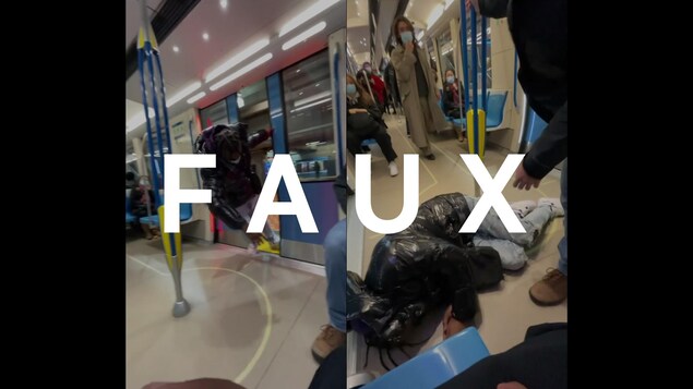 Deux photos côte à côté d'un homme qui s'effondre en entrant dans un wagon de métro à Montréal. Le mot FAUX est superposé sur l'image.