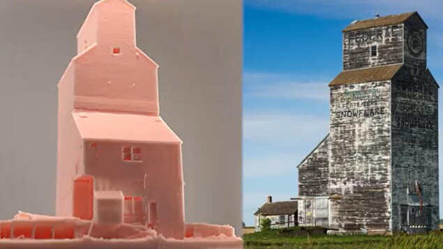 Deux photos côte à côte montrent la reproduction en 3D et le véritable élévateur à grains qui a servi de modèle. 