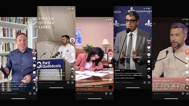 Des captures d'écran de vidéos TikTok des 5 principaux aspirants premiers ministres québécois en 2022: François Legault, Paul St-Pierre Plamondon, Dominique Anglade, Éric Duhaime et Gabriel Nadeau-Dubois. 