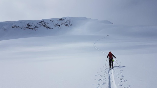 Une personne fait du ski de randonnée dans une montagne enneigée de la Colombie-Britannique.