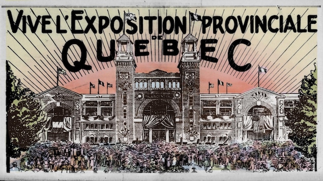 Un dessin montre l'Exposition provinciale de 1921 dans toute son effervescence. Il y a foule devant le palais central, décoré de fanions et de drapeaux. L'ambiance est visiblement à la fête.