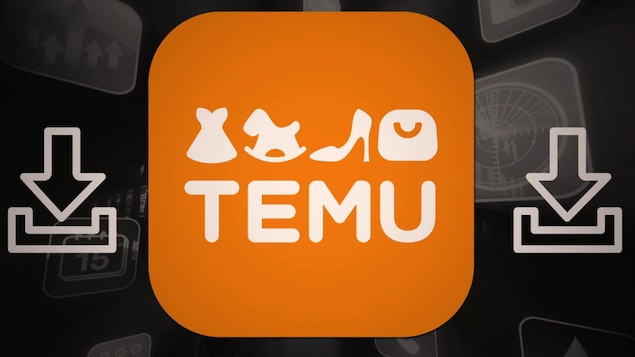 Le logo de l'application mobile de Temu, encerclé par des icônes représentant le concept du téléchargement.