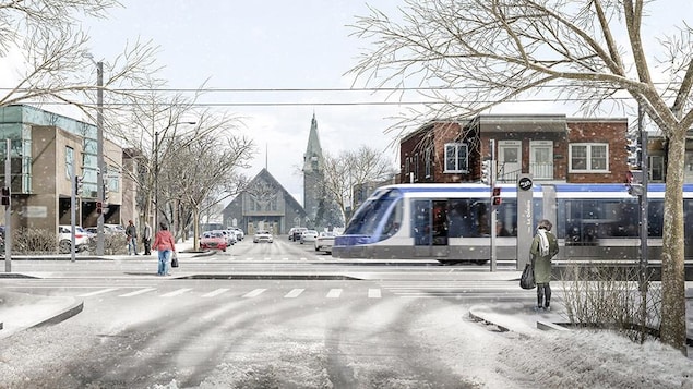 Un croquis du tramway à l'intersection entre la rue des Frênes et la 1re Avenue. Des passants sont sur le trottoir et une fine neige recouvre le sol.