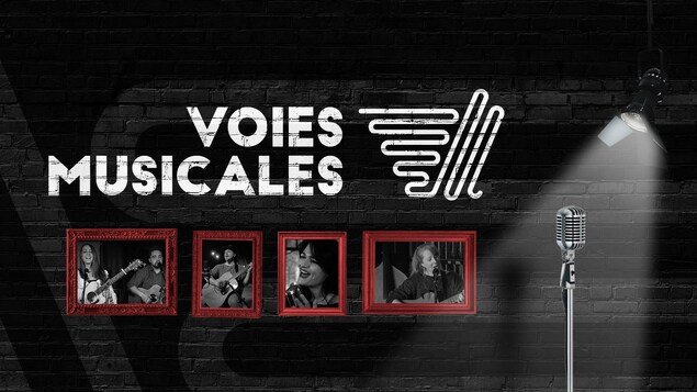 Affiche du spectacle Voies musicales avec les photos des quatre auteurs-compositeurs-interprètes.