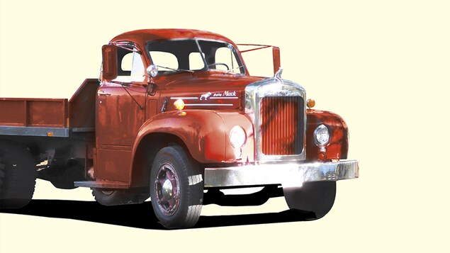 Un camion rouge sur un fond jaune
