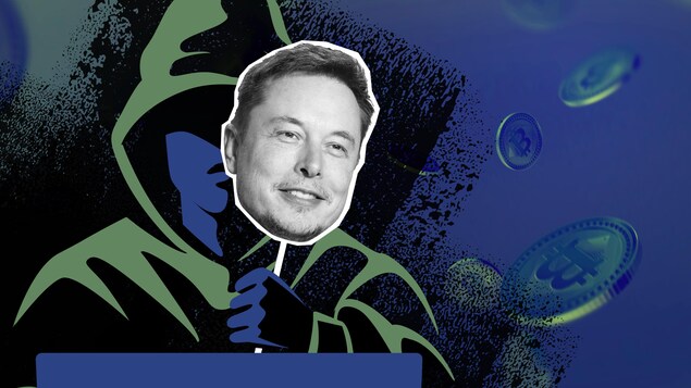 Un pirate informatique se cache le visage avec une image d'Elon Musk.