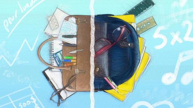 Illustration d'un sac à dos et d'une valise qui sont remplis d'objets scolaires et de bureau.