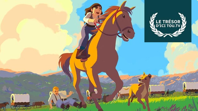Le dessin d'une fille sur un cheval dans une plaine et la mention Le trésor d'ICI Tou.tv.