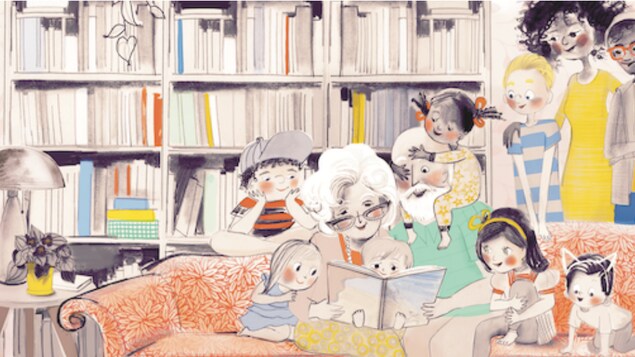 Illustration de toute une famille : la mamie lit un livre à tout le monde 