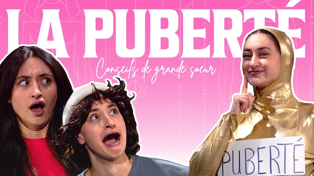  deux semblent terrifiés par le sujet, tandis qu'un troisième, vêtu d'une combinaison étincelante (La Puberté), affiche un sourire malicieux.