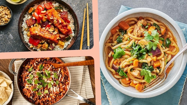  un chili, un bol de saumon et des pâtes udon. 