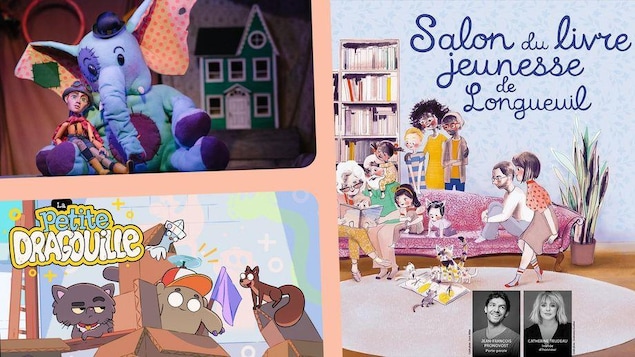 Affiche du Salon du livre, image d'unspectacle de marionnettes et image du dessin animé La petite dragouille. 