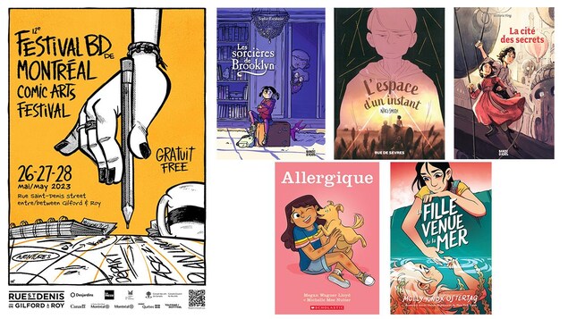 On voit cinq BD colorés et l'affiche orange du festival de BD de Montréal qui aura lieu les 26, 27 et 28 mai 2023 sur la rue Saint-Denis. 