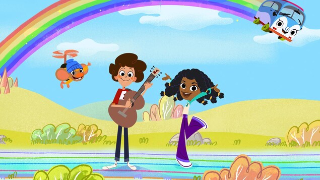 Les personnages de Jérémy et Jazzy qui chantent, avec leurs amis autobus et souris dans un décor magique en nature avec un arc-en-ciel.
