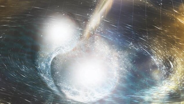 Représentation artistique de la fusion de deux étoiles à neutrons. Représentation artistique de la fusion de deux étoiles à neutrons.