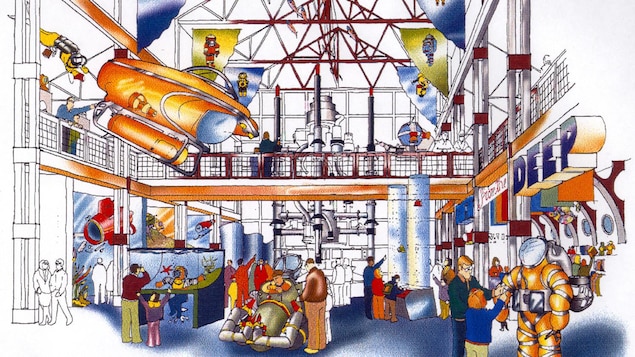 Un croquis du Deep Discovery Center avec des équipements de plongée en exposition