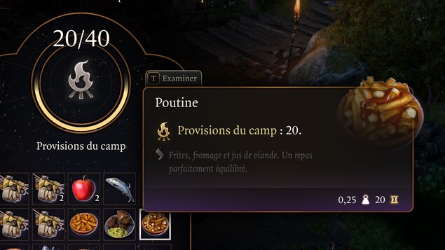 Image de l'inventaire des aliments dans le jeu de rôle. À l'avant-plan, une icône représente une poutine avec la mention « provision de camp : 20 ».